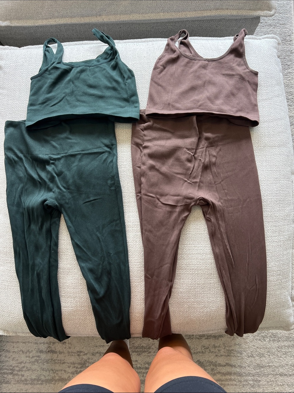 Ardene Ribbed High-Waist Legging & Cropped Tank Set - Green and Brown